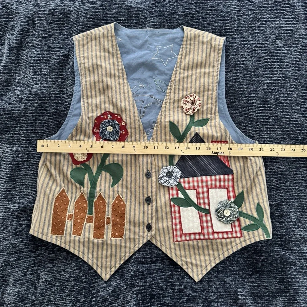 Vintage Birdhouse/Flowers Patchwork Button‎ Front Vest Country Cottagecore M/L - Picture 3 of 5